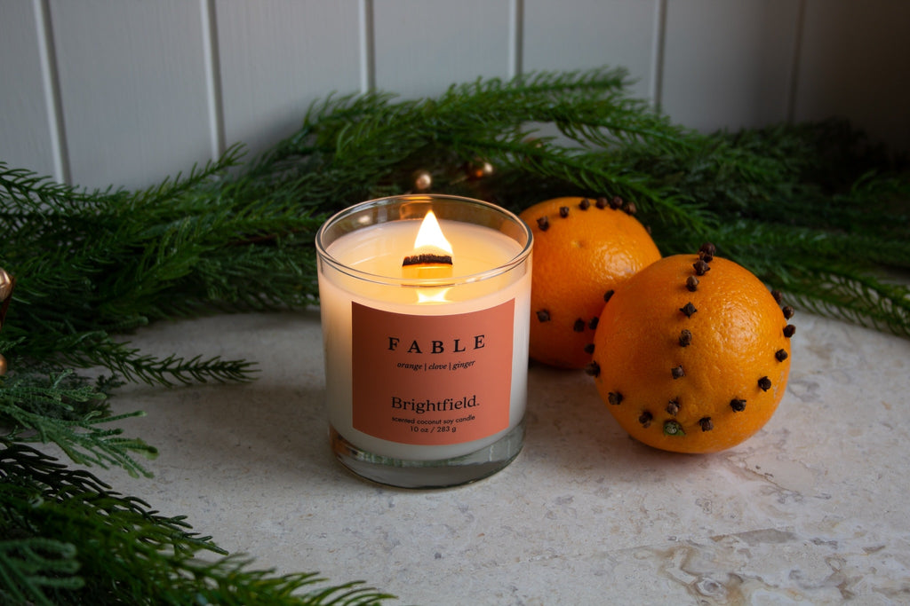 Beautiful wood wick candle from Brightfield, gifts under $50, gift guides, Toronto candle shop, Pomander candle, Orange Clove candle, Christmas candles, Christmas gift guide