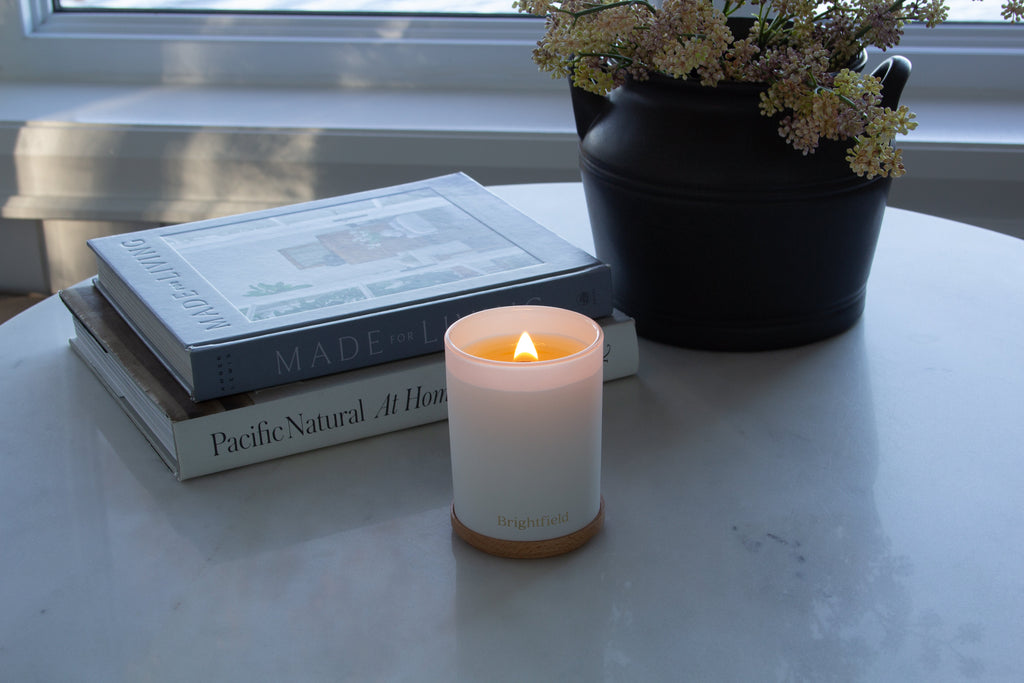 Fable candle from Brightfield, Orange Clove Candle, Pomander Candle beside pomanders and holiday greenery, new arrivals from Brightfield, Toronto candle company