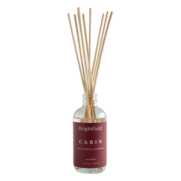 Cabin reed diffuser from Brightfield, holiday reed diffuser, Christmas reed diffuser, winter scented reed diffuser, winter scents, cranberry, cedar, sandalwood reed diffuser, Brightfield home fragrances