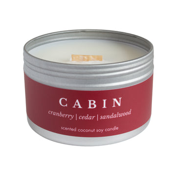 Cabin travel candle from Brightfield, Cabin candle with red label, scented coconut soy candle from Toronto candle shop Brightfield