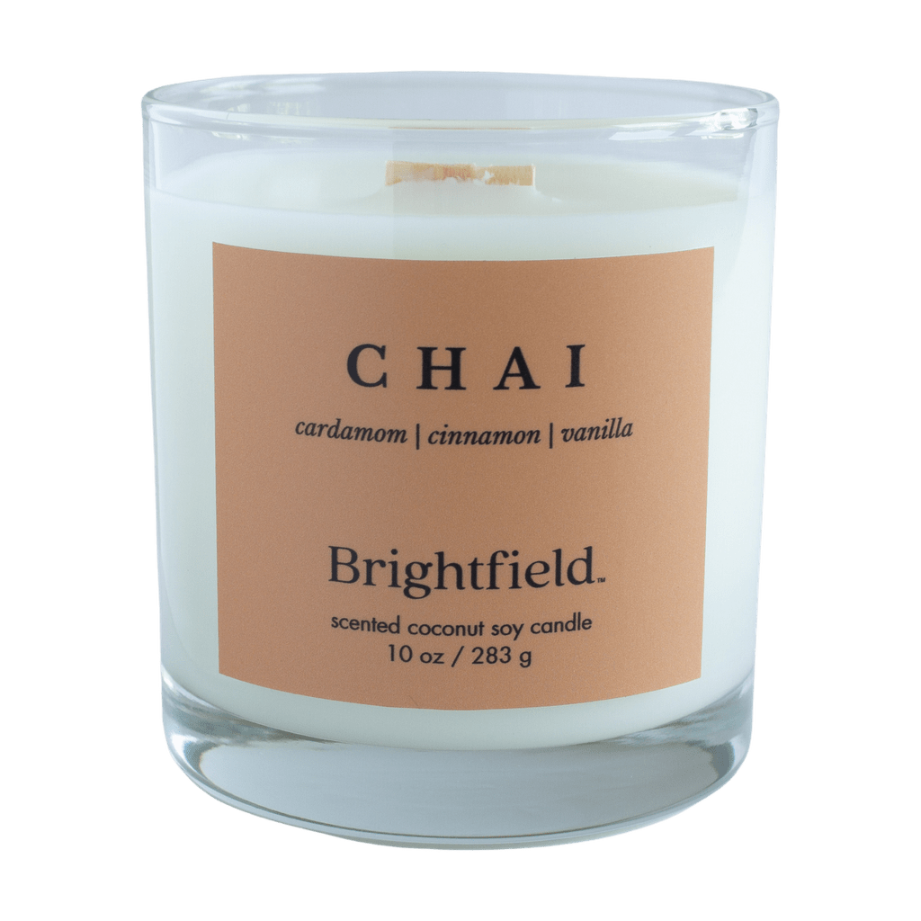 Chai candle cardamom cinnamon vanilla, Chai candle from Brightfield, scented coconut soy candle, Toronto candle shop, Chai scented candle in a glass jar