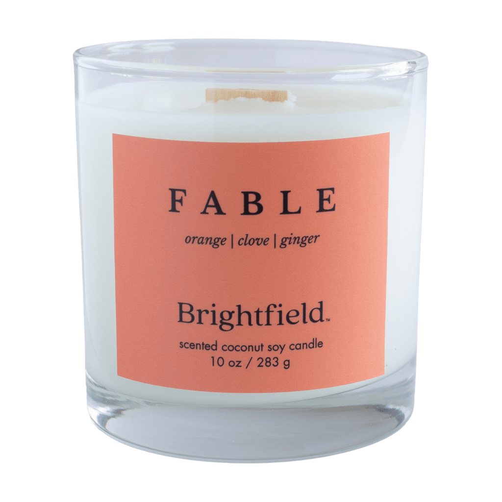 Fable candle, orange, clove, ginger scented candle, fall cosy candle, wood wick candle, Toronto candles, candles for sale Canada, Brightfield candles, glass jar candle