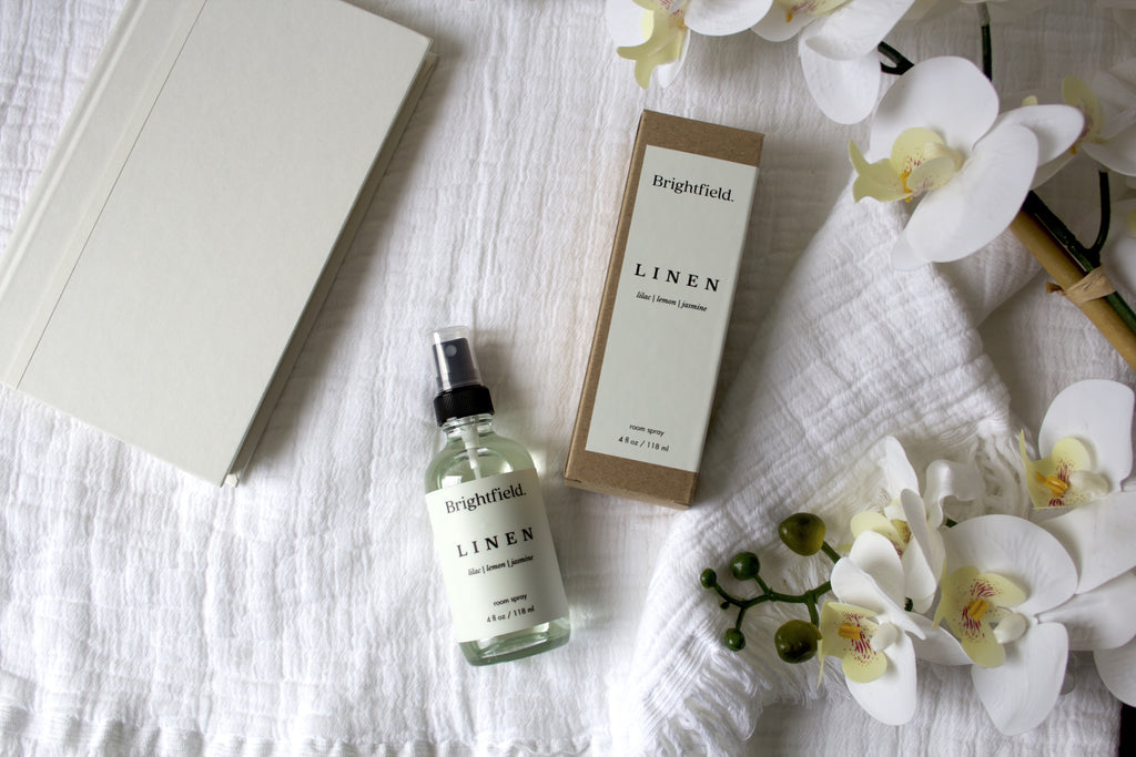 Linen Room Spray from Brightfield is the best way to get a clean smelling home, how to get rid of smells, clean home scent, clean laundry, clean linens, fresh scents, fresh room sprays, best clean smells