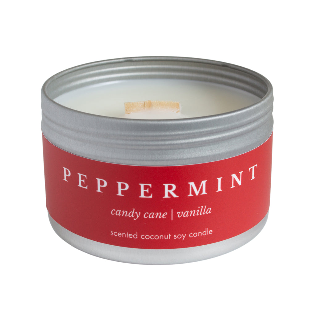 Peppermint Travel Candle from Brightfield, candy cane candle, holiday candles, Christmas scented candles